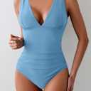  Women's One Piece Swimsuit Slimming Tummy Control Bathing Suit Wide Straps Plunge V Neck Swimwear, Size M