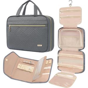BAGAIL Hanging Toiletry Bag for Women Water-resistant Cosmetic Bag Large Capacity Travel Makeup Organizer for Full-Sized Travel Essentials(Classic+Jewelry Bag, Grey)