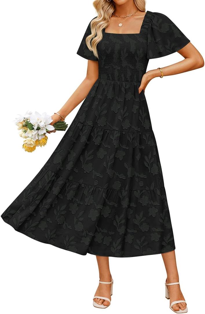 ZESICA Womens Summer Boho Floral Midi Dress 2025 Casual Short Sleeve Square Neck Flowy Beach Vacation Long Dress (Medium, Black)