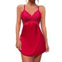 dream love Women Lingerie V Neck Nightwear Satin Sleepwear Lace Chemise Mini Teddy, Large, Red