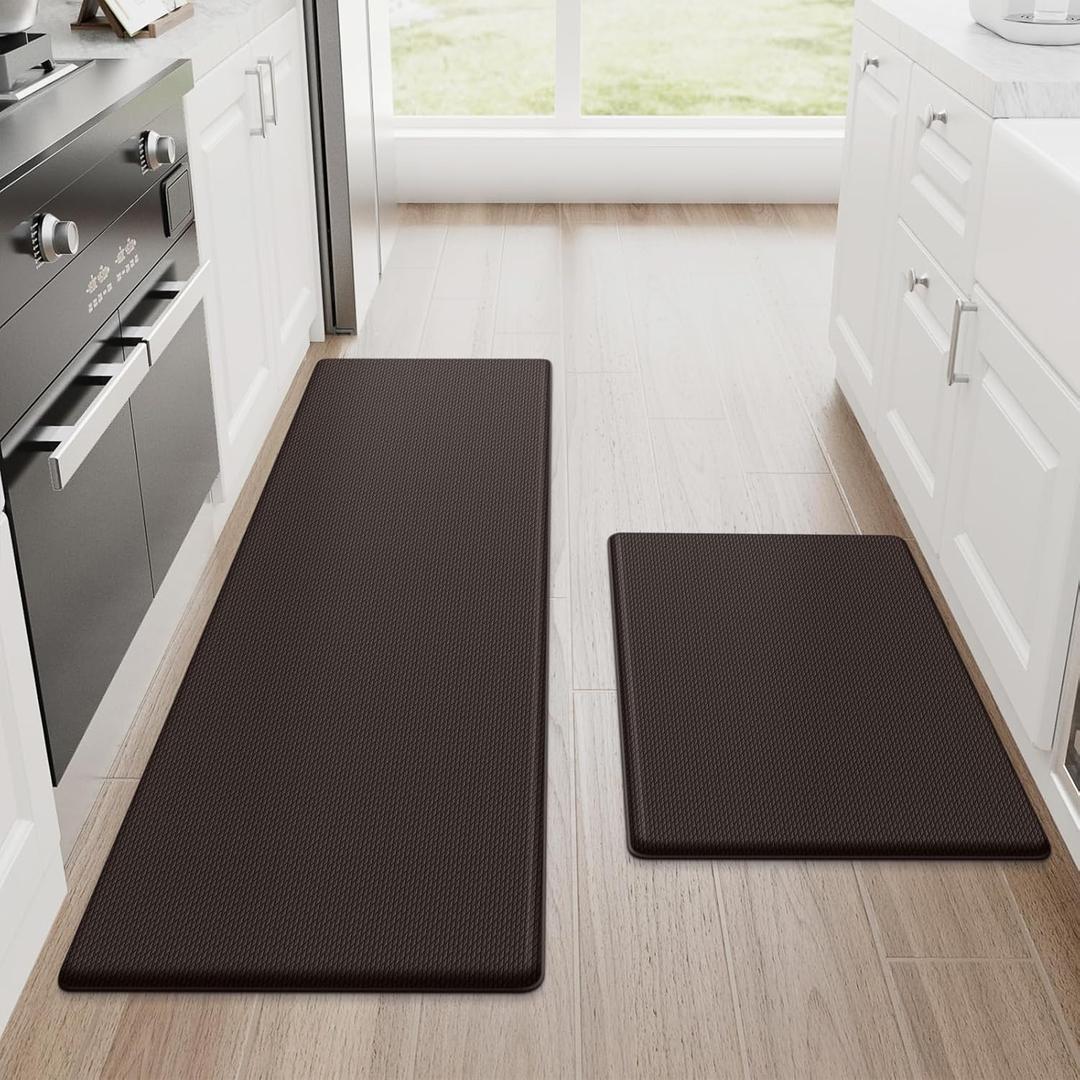 StepRite Kitchen Mats, 4PCS Kitchen Rugs, Cushioned Anti Fatigue Kitchen Mats for Floor, Non-Slip Standing Desk Mat, Waterproof Kitchen Rug Set for Floor, Office, 17.3"x30"+17.3"x47", Chocolat