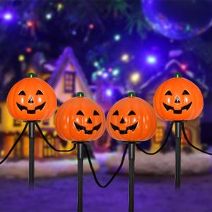 7Ft Halloween Pathway Lights Pumpkin Walkway Lights Markers Lights Plug in Waterproof with 4 Pack LED Pumpkin Path Lights, for Halloween Decorations Outdoor Yard Path Camping Lighting Decor, 0.6W
