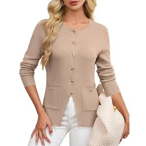 GRACE KARIN Women Business Casual Sweater Blazer Lightweight Long Sleeve Knitted Cardigan Sweaters Slim Fit Cardigan Jackets with Pockets(Khaki,2XL)