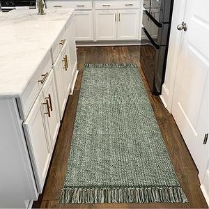 Hallway Runner Rug, 2' x 6' Hand-Woven Reversible Washable Entryway Rug, Olive Green/Cream Cotton Modern Farmhouse Laundry Room Rug Long Carpet for Bathroom Sink Foyer Bedroom