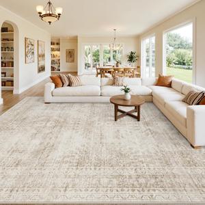 Area Rugs 9x12 Living Room: Vintage Boho Neutral Washable Rug Indoor Soft Large Area Rug Carpet for Bedroom Nursery Farmhouse Dining Room Office Floor Non-Slip Low Pile Under Table Rug Brown