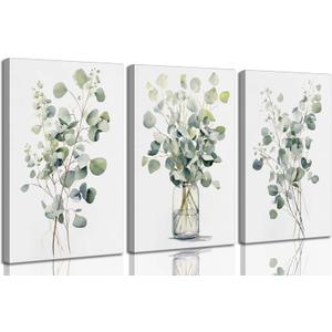 3Pcs Botanical Canvas Wall Art Sage Green Eucalyptus Leaves Painting Picture Wall Decor Plant Watercolor Poster Print Artwork for Living Room Bedroom Bathroom Home Decoration