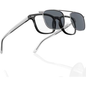 DEHOTRE Non Prescription Glasses Men Acetate Frame Eyeglasses with Magnetic Clip On TAC Polarized Sunglasses Clear Lens