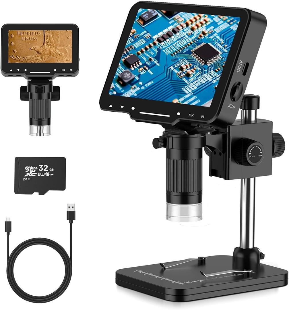 LCD Digital Microscope,4.3 Inch 1080P 10 Megapixels,10MP Camera Video Recorder with HD Screen,1-1000X Magnification Zoom Wireless USB Stereo Microscope Camera, (Bright black)