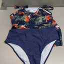 SUUKSESS Women Tummy Control Tankini Bathing Suit Ruffle High Waisted Swimsuit (XX-Large, 60 Tropical Floral Navy Blue)