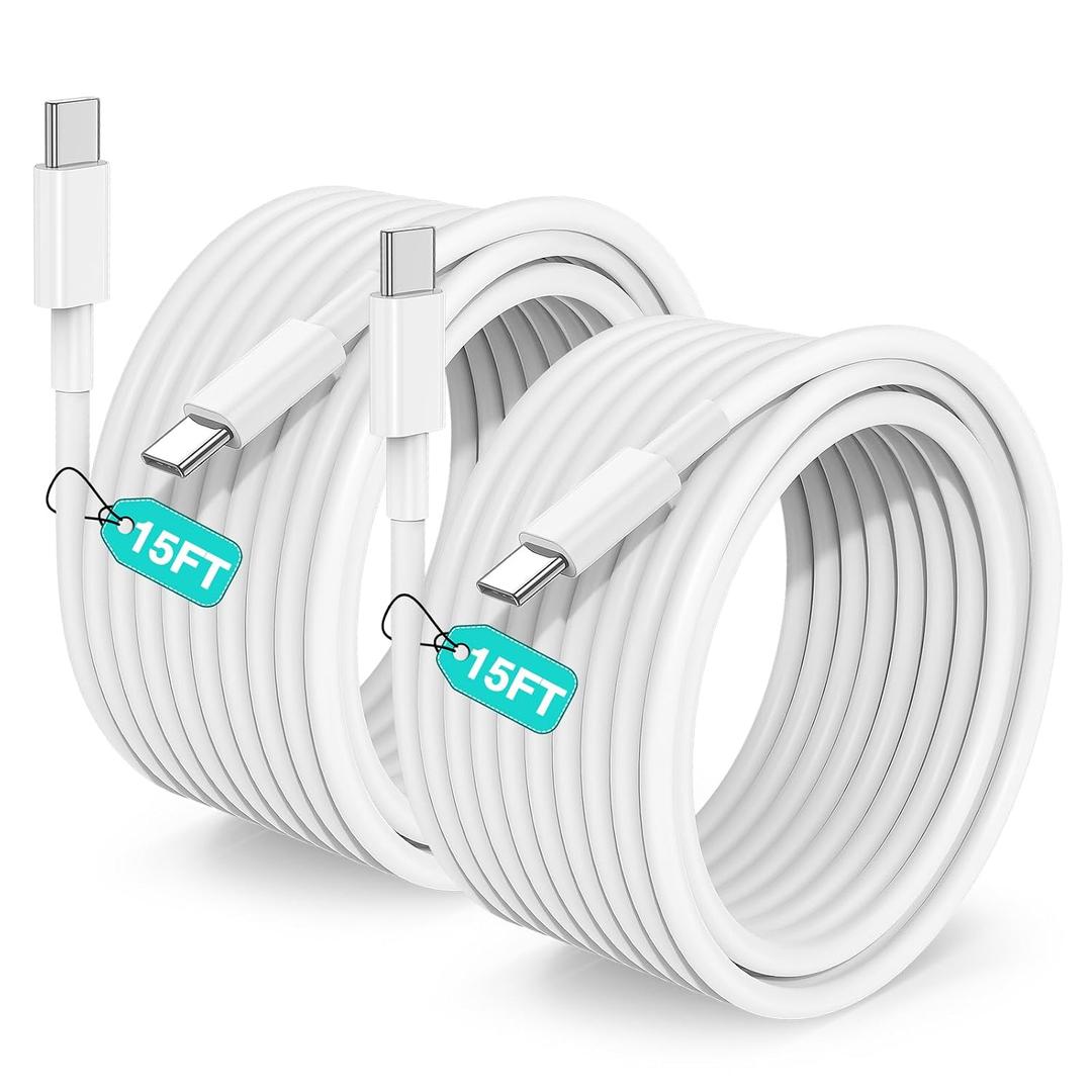 15FT USB C to USB C Cable, USBC to USBC Fast Charger Cord, Extra Long Type C to Type C Fast Charging Cable for iPhone 17 air 16 15 Pro Max Plus,Galaxy S26/S25/S24,iPad Pro/Air,MacBook Pro/Air-2Pack