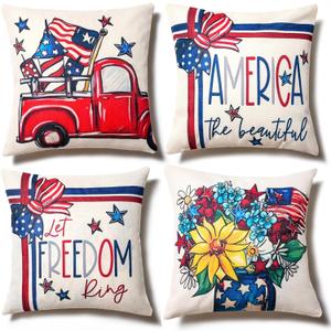 4th of July Decor-Throw Pillow Covers 18x18in Set of 4,Patriotic Linen Pillow Case for Independence Day,Memorial Day, Veteran's Day, USA, American Summer Outdoor Red White Blue Decorations (Yellow)