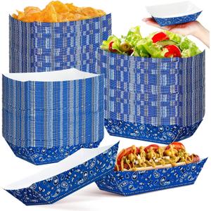 Gejoy 120 Pcs Western Party Plates 1 lb Cowboy Plates Bulk Bandana Paper Food Trays for Rodeo Cholo Party 250th Anniversary Decorations(Blue)