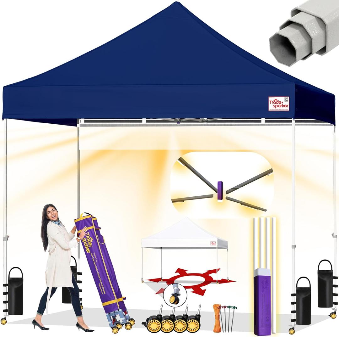 Tradesparker 10x10 Pop Up Canopy Tent,Commercial Movable Canopy with ApexCore LED&Rugged Casters-Instant Easy Setup Shelter Canopies with Weight Bags&Stakes for Oudoor Events Markets Vendors,Navy Blue