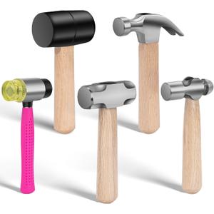 5Pcs Small Hammer Set - 10oz Rubber Mallet Hammer, 18oz Mini Sledge Hammer, 12oz Double-Faced Mallet, 11oz Ball Peen Hammer, 10oz Claw Hammer with Short Wood Handle for Lightweight Home Repair & Craft