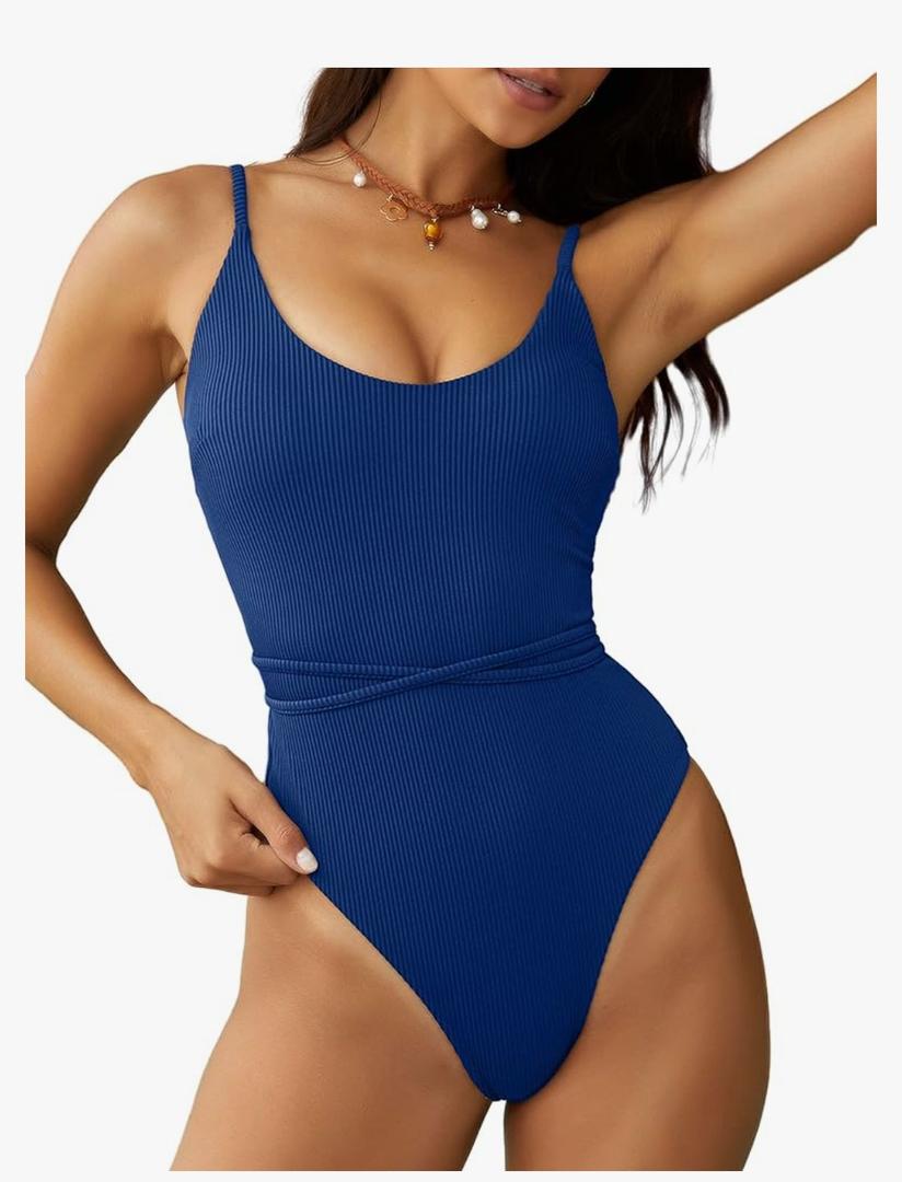ZAFUL Women's One Piece Swimsuit Lace Up Tie Back Bathing Suits Ribbed Fully Lined Tummy Control Scoop Neck Padded Swimwear S