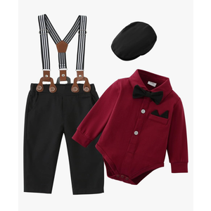 ZOEREA Baby Boy Suit 0-24M Gentleman Outfit Clothes Set Infant Long Sleeve Dress Shirt+Suspender Pants+Bowtie+Beret Hat