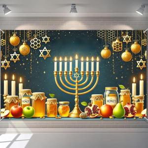 Hanukkah Banner 71 x 43 Inches Jewish Holiday Backdrop Menorah Honey Apple Wall Decor Star of David Festival Banner for Home Synagogue Classroom Celebration Backdrop