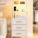 Furnulem Night Stand, White Bedside Nightstand with 4-Tier Shelves and 3 Fabric Drawers, LED Bed Side Tables with Charging Station, Tall Dresser for Bedroom, Hallway, Office