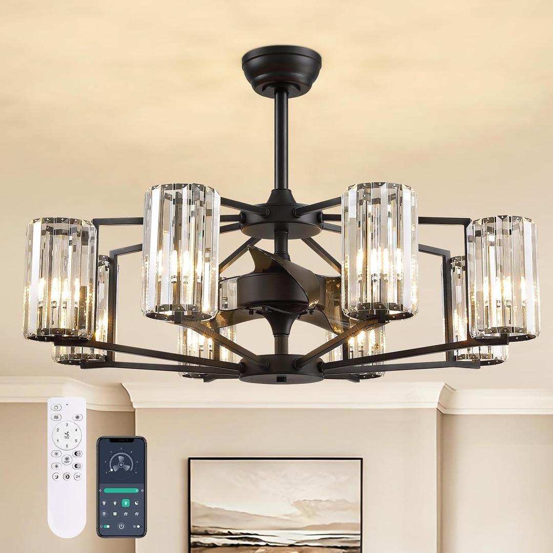36" Large Crystal Fandelier Dimmable 6-Light Vintage Flush Mounted Chandelier Ceiling Fan Black Ceiling Fans with Lights and Remote for Dining Living Room Kitchen