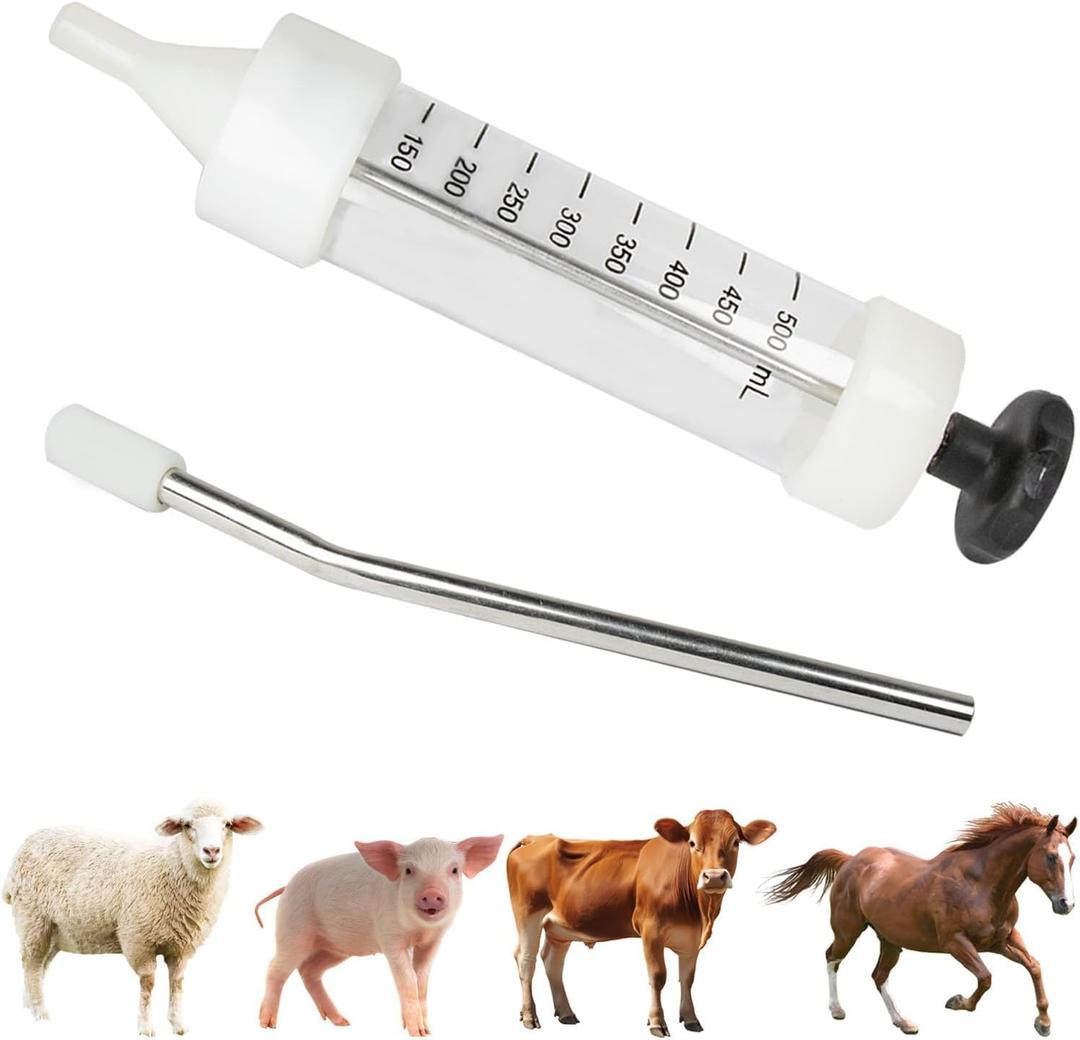 500ML Large Adjustable Veterinary Injector, Reusable Metal Feeding Syringe for Cattle, Pigs, Sheep, Horses, Continuous