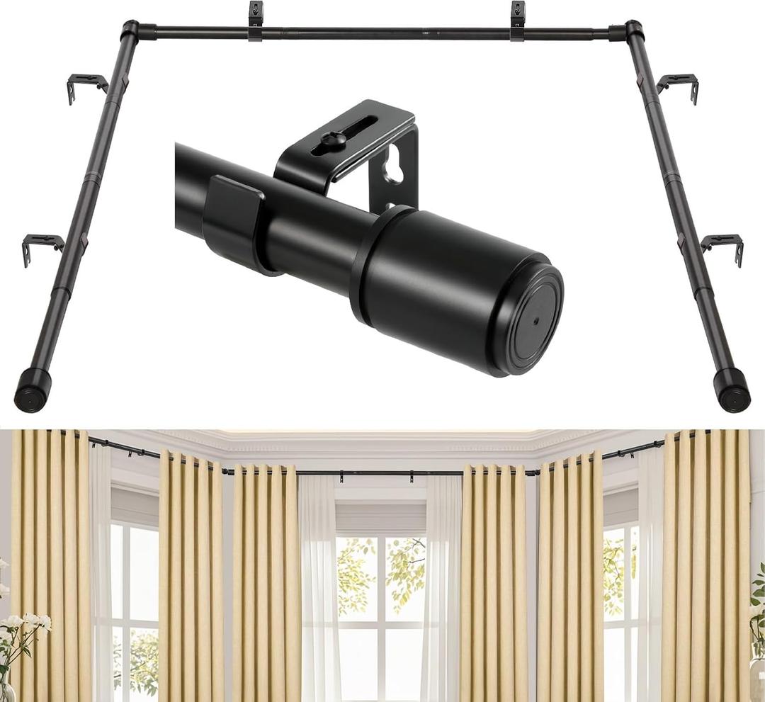 1 Inch Bay Window Curtain Rods Set 30-87 Inch Center Rod, 30-63 Inch Side Rods, Black Metal Iron Finish