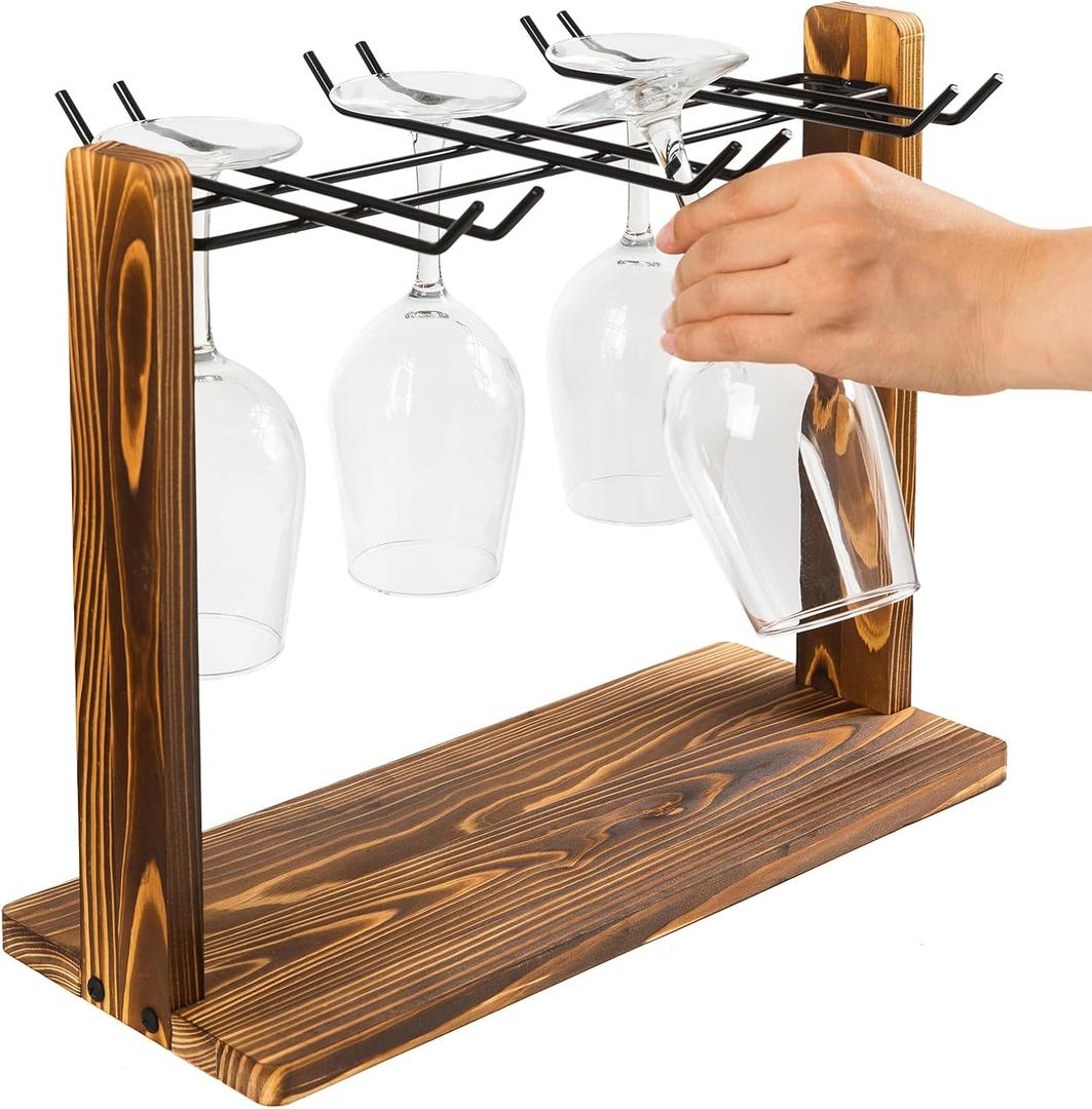 Rustic Glass Hanging Rack Torched Brown Wooden Matte Black Metal Wire 6-Slot Drinking Glassware Holder Champagne Flutes Counter Top Tabletop Drying Displaying Kitchen Bar Dining Table