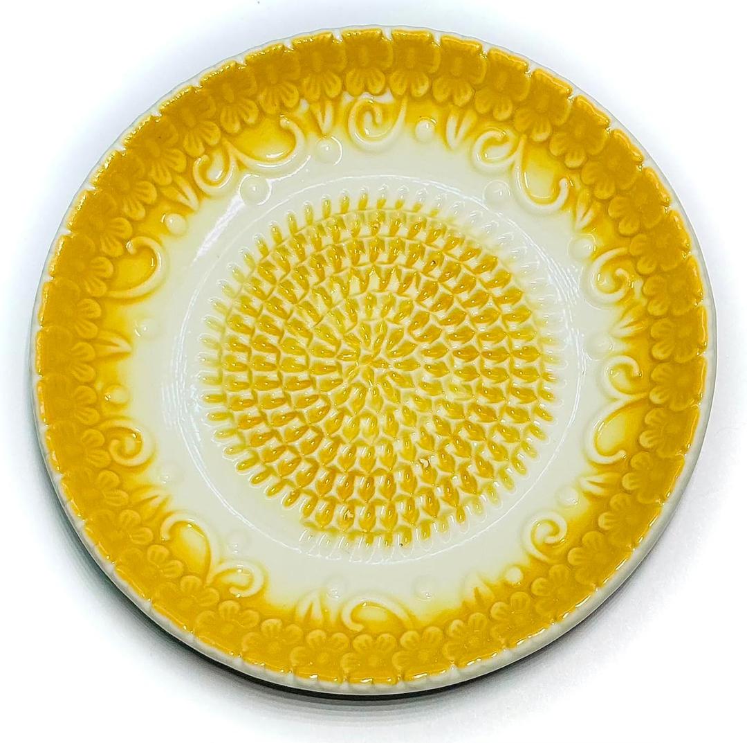 All-in-one Premium Ceramic Garlic Grater Plate 4-Piece Set - Yellow Embossed Design and Style - For Garlic, Ginger, Chocolate, and more! - Comes with 5.25" Plate, Peeler, Brush, and Stand