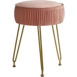 IBUYKE Velvet Round Footrest Ottoman, Makeup Vanity Stool Side Table, Velvet Dressing Table Seat, Pouf Couch Stool, Golden Steel Legs, Pink LG-30P (without storage)