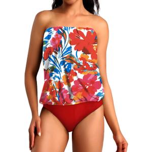 Two Piece Bandeau Tankini Swimsuits for Women Loose Blouson Swim Top with Bikini Bottom Tummy Control Bathing Suits (Red, L)