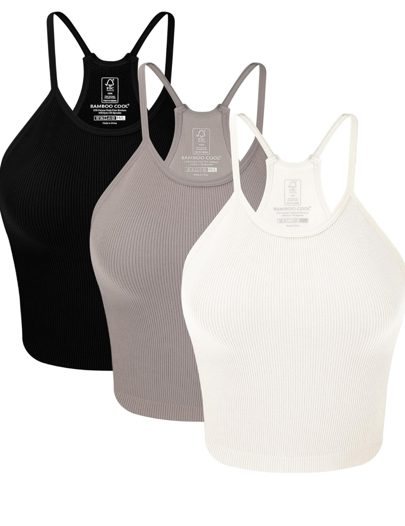 BAMBOO COOL Women's Seamless Tank Top Moisture-Wicking Workout Ribbed Camisoles U-Neck Camis 3-Pack