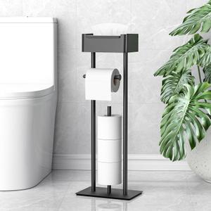 Toilet Paper Holder Free Standing - Toilet Paper Stand with Shelf - Storage for 4 Rolls- Bathroom Organizers, No Drill, for Large Toilet Rolls, 29.7 inch*12.6 inch (Matte Black)