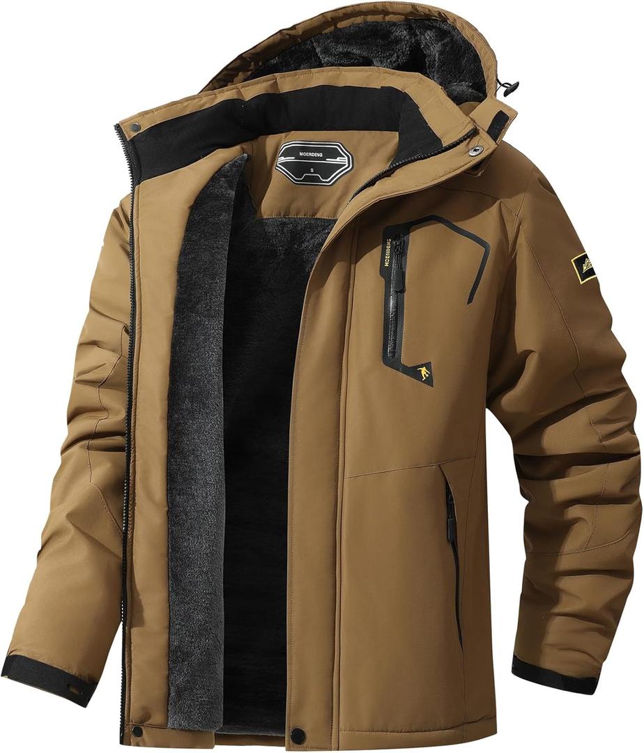 ASPO Men's Waterproof Ski Jacket Winter Warm Snow Coat Fleece lined Snowboard Hooded Mountain Windbreaker Raincoat Hiking Coffee XL