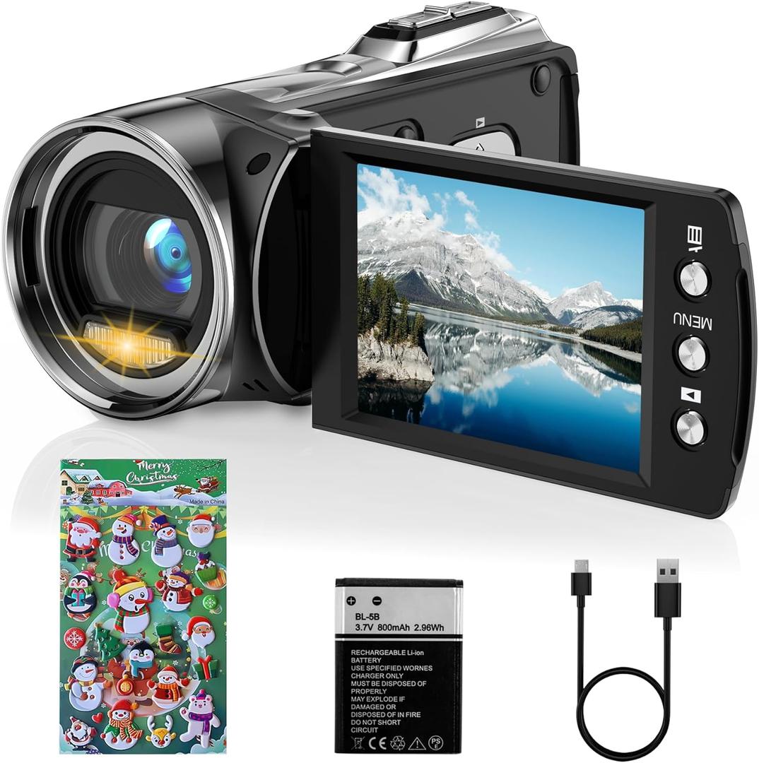 Video Camera Camcorder HD 2.7K 36MP Kids Camcorder Vlogging Camera for YouTube TikTok Digital Video Camera Recorder,Christmas Stickers,8X Digital Zoom Camera for Kids (Black)