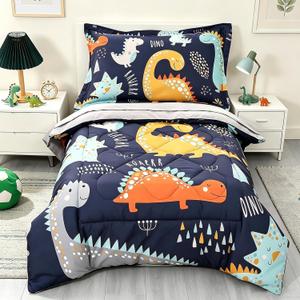 Toddler Bedding Set, 4 Piece Toddler Bedding Set for Boys, Includes Toddler Bed Comforter, Flat Sheet, Fitted Sheet and Pillowcase, Dinosaur Navy Blue