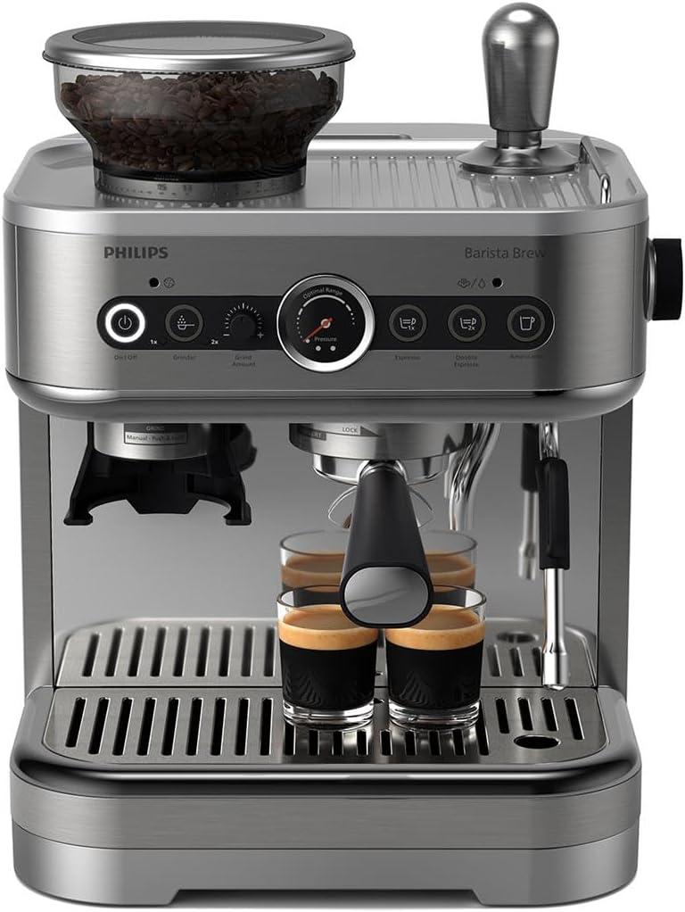 Philips Barista Brew Semi Automatic Espresso Machine - Single & Double Espresso,Americano, 250g Bean Container+Grinder+Milk Jug with temperature indicator,Calibrated Tamping,Metal Silver (PSA3218/01)