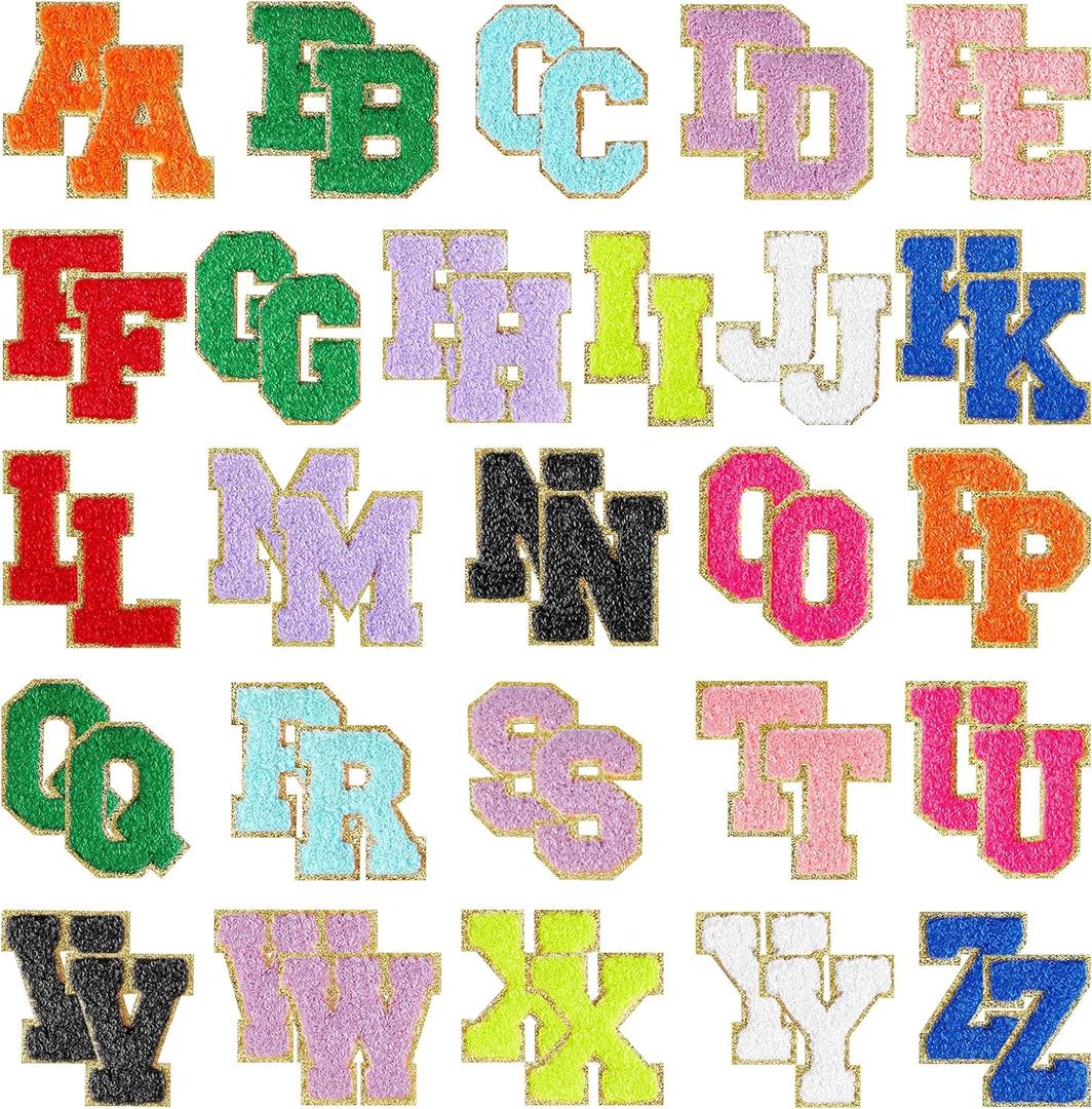 Morcheiong 52Pcs Self Adhesive Chenille Letter Patches A-Z, Chenille Letters for Clothing, Fabric, Shoes, Bags (Multicolor)