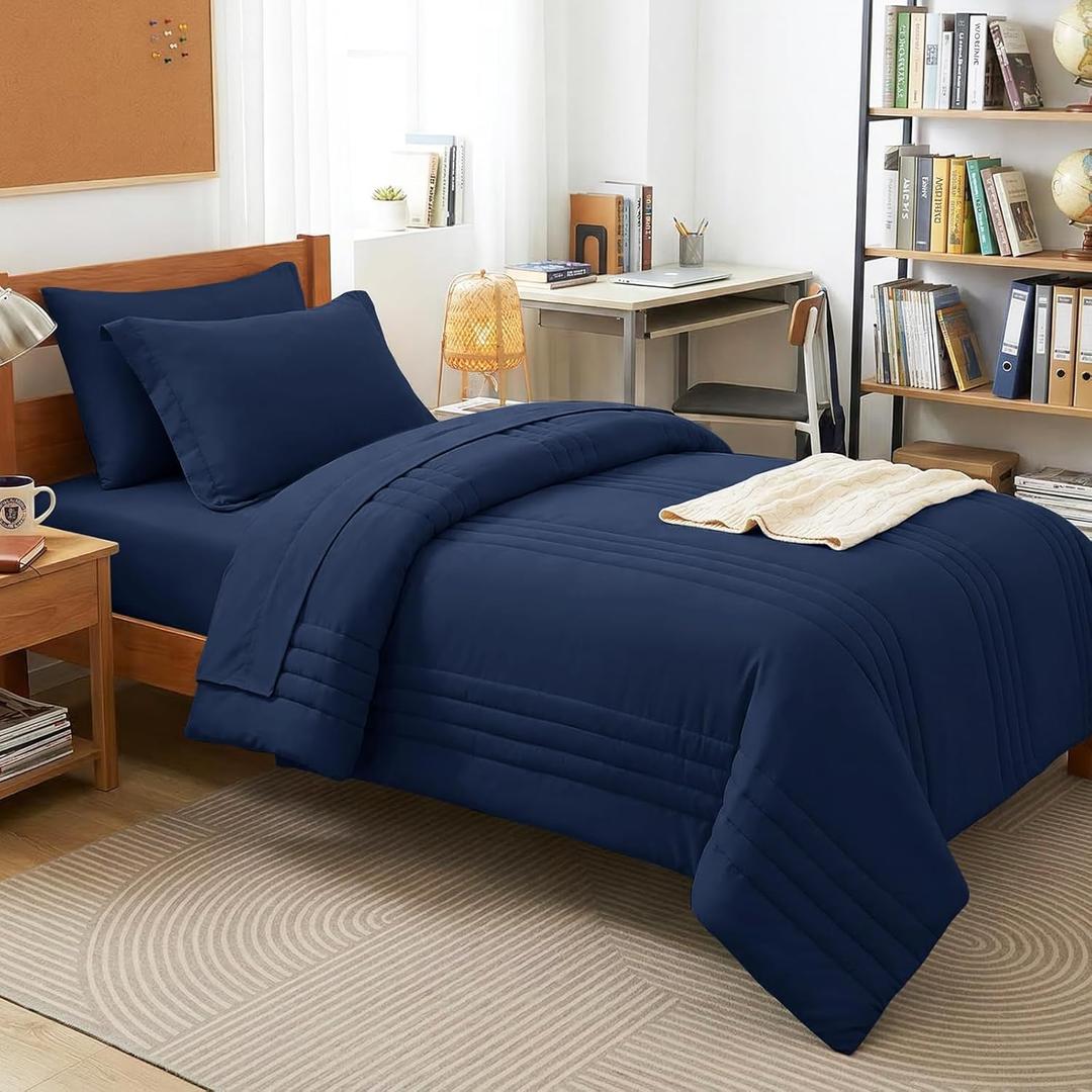 CozyLux Twin Comforter Set Navy Blue - 5 Pieces Bed in a Bag, Modern Vertical Quilted Room Decor, Soft All-Season Bedding Gift with Comforter, Sheets, Pillowcase & Sham