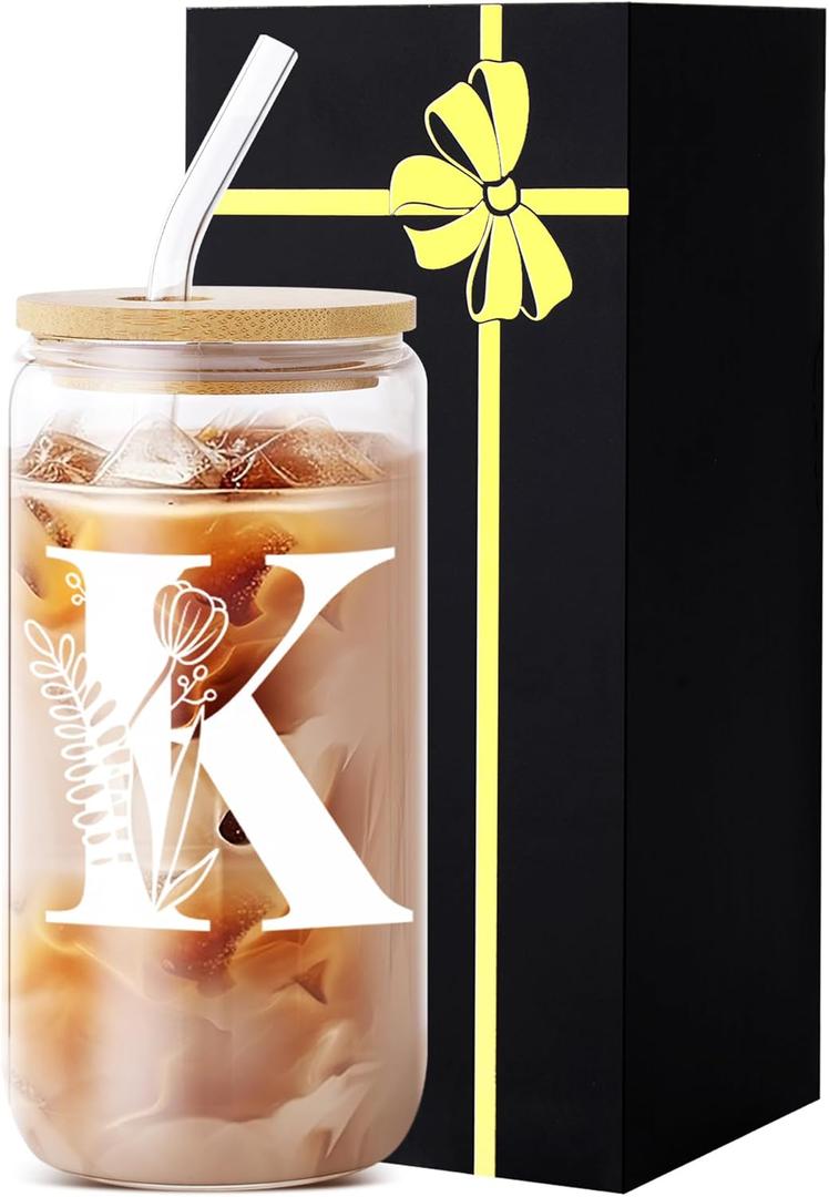 Monogrammed Glass Drinking Cup With Lid Straw Teacher Appreciation Gifts Personalized Mug Gift For Her Glass Tumbler Initial Cup Retirement Gift For Woman Teacher Must Haves Present Work Essentials