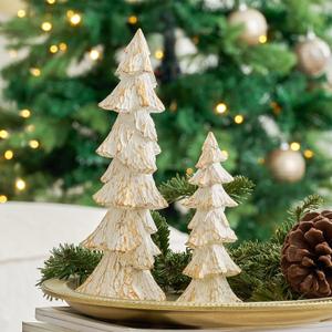 Vintage Christmas Tree Figurines White with Gold, 9.64" Tabletop Xmas Tree Ornaments Christmas Centerpieces for Mantle Desk Decor, Decorative Trees Set of 2 for Modern Farmhouse Indoor Decor