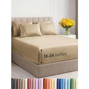 Extra Deep King Sheet Set - 6 Piece Breathable & Cooling Sheets - Hotel Luxury Bedding Set w/18-24 Inch Extra Deep Pockets - Easy Fit - Super Soft, Wrinkle Free and Comfy - Heathered Tan, King Size