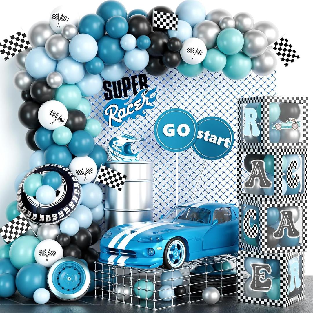 Race Car Balloon Garland Arch Kit with Balloon Boxes, Race Car Birthday Party Decorations, Birthday Party Decorations for Boys, Retro Blue Black Vintage Car Foil Balloon Checkered Flag Wheel