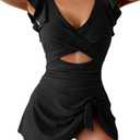 Aidonger One Piece Swimdress Swimsuit for Women Tummy Control Ruffle Swim Dress Skirt V Neck Cutout Wrap Bathing Suit Size L