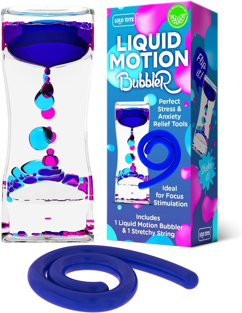 Liquid Motion Bubbler Sensory Toys  2 Pc Set Bundle Stretchy String Fidget Toys Timer for Stress Relief and Anxiety Relief Great for Adults, Kids ADHD Autism ADD Hyperactivity Relaxation figit Blue