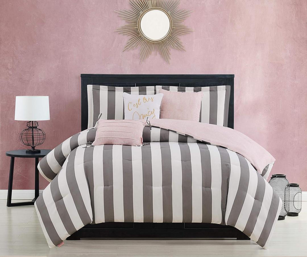 Juicy Couture Cabana Stripe Reversible Bedding Set - King Size - Grey and White Stripe Print  6 Piece Set  Includes 1 104" x 90" Comforter, 3 Decorative Pillows, 2 Shams