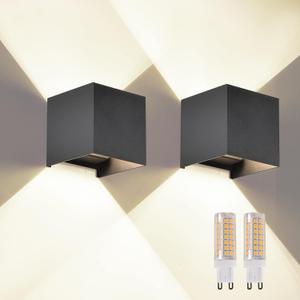 2 Pcs Outdoor Wall Lights Exterior/Interior G9 Wall Sconces Up and Down Lights IP65 Waterproof Outdoor Lighting Square Aluminum Black 4000K Natural Lights Replaceable bulb, Adjustable Light Angle (G9-3.94in.2 Pack)