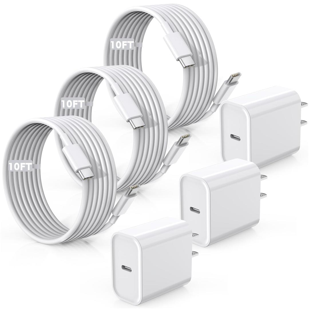 Fast Charger for iPhone 17/16/15 Charger,10FT Extra Long Fast Charging 3Pack Block USB-C to USB C Fast Charging Cable Cord for iPhone Air/17 Pro Max/iPhone 16 Pro/16 Plus/15 Pro Max,iPad Pro/Air/Mini (White)