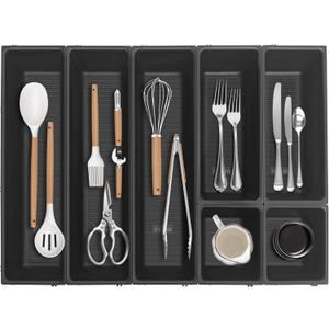 JEHONN Silverware Organizer, Utensil Drawer Tray for Kitchen Flatware Cutlery, Large Adjustable Plastic Storage Divider with 7 Compartment for Spoons Forks Knives (Black)