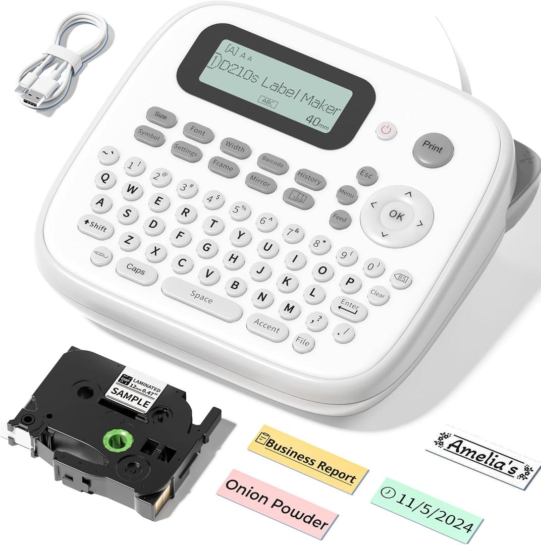 D210s Label Maker Waterproof-Labels, Label Machine with-Tape Laminated 12mm 0.47 White, Portable Labeling Maker with Keyboard & One-Touch-Keys, for Home Kitchen Office School Organization