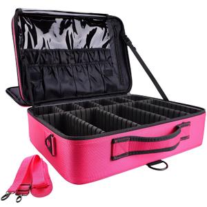 gzcz Large Capacity 16.5 inches Professional Travel Makeup Train Case Portable Artist Cosmetic Brush Organizer Storage Bag With Adjustable Dividers And Shoulder Strap for Toiletry Jewelry Rose Red