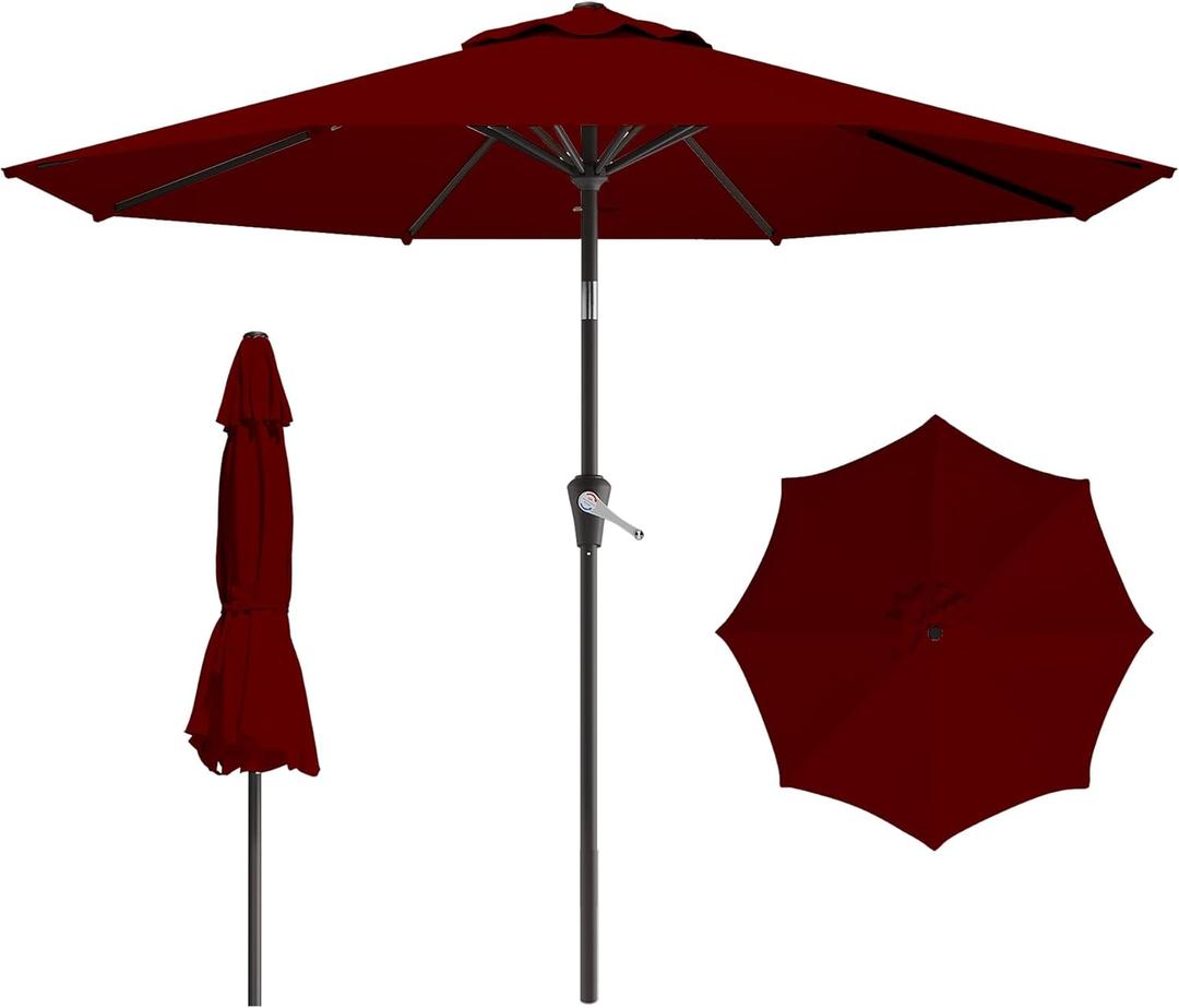9 FT Patio Umbrella for Outdoor, Outdoor Umbrella with Push Button Tilt and Crank, Outdoor Patio Umbrellas with 8 Sturdy Ribs for Market, Garden, Deck, Backyard, Pool (Burgundy)